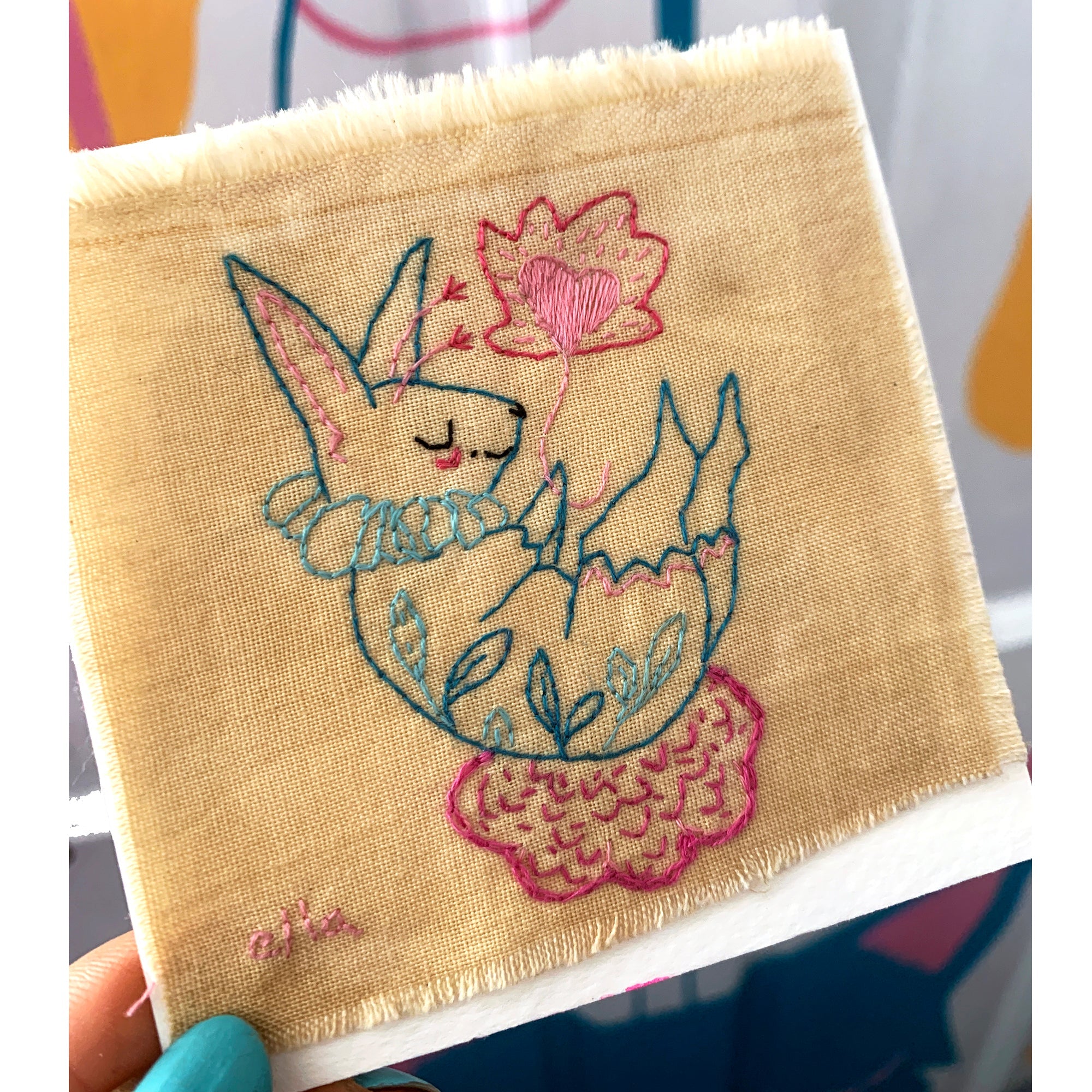 Soft Landings' - Framed bunny embroidery