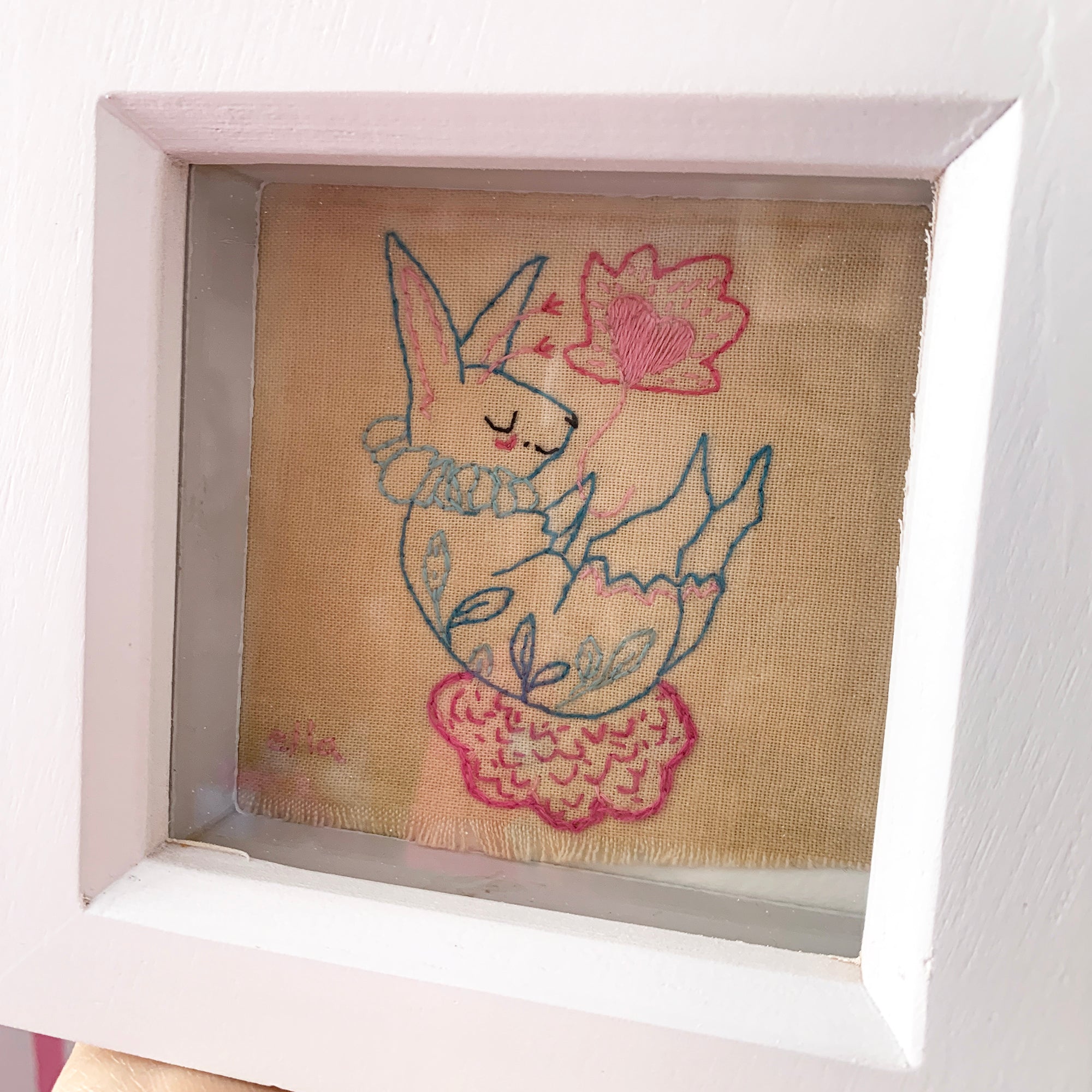 Soft Landings' - Framed bunny embroidery