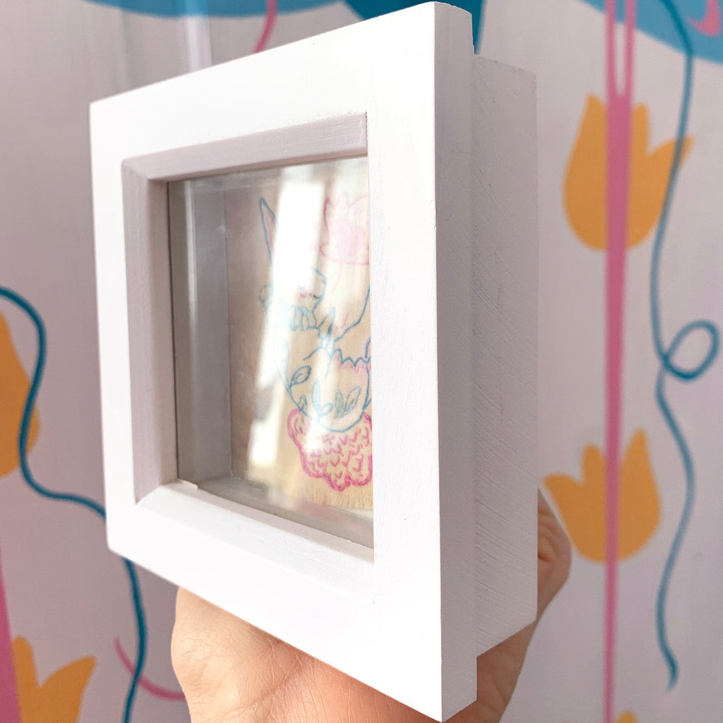 Soft Landings' - Framed bunny embroidery