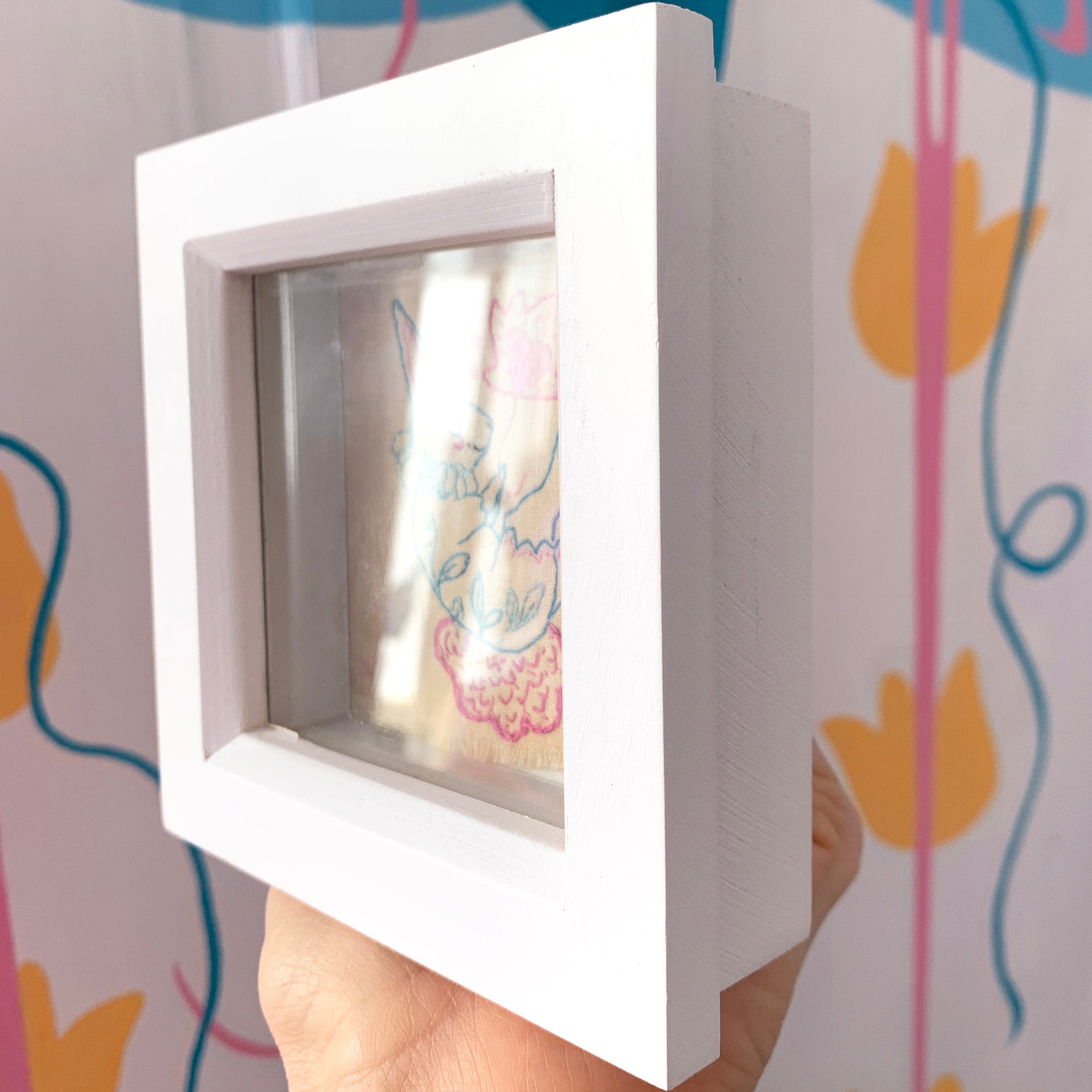 Soft Landings' - Framed bunny embroidery