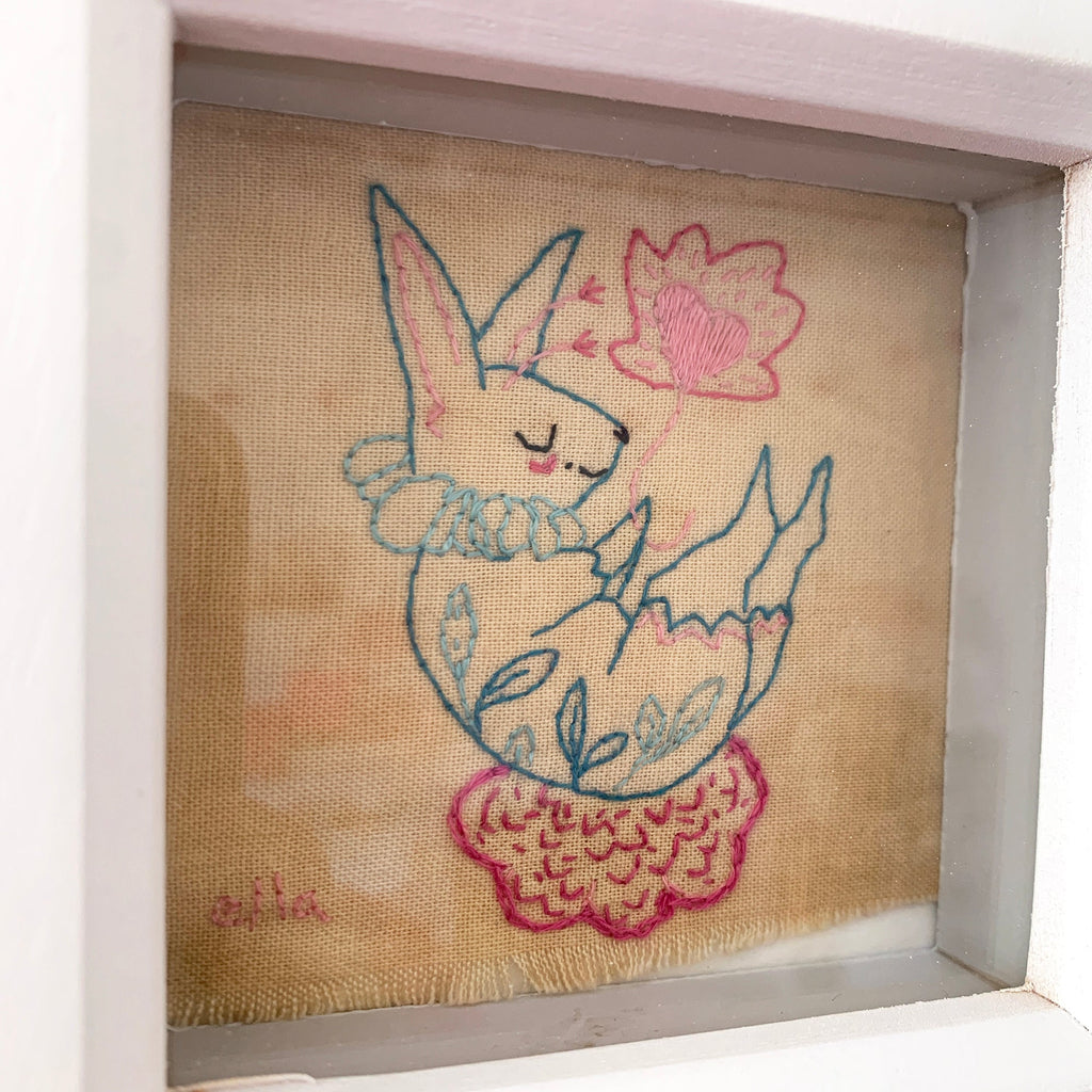 Soft Landings' - Framed bunny embroidery