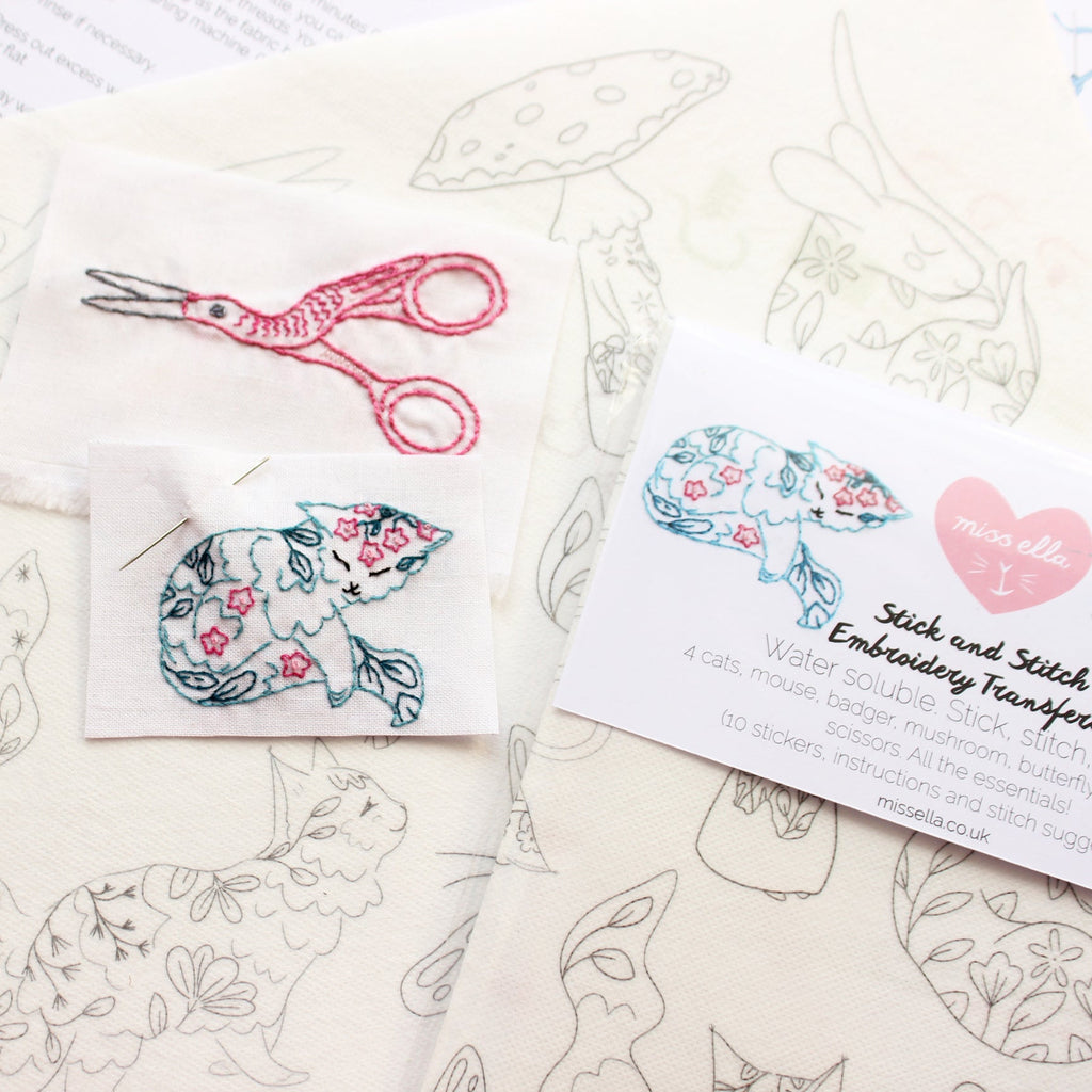 Stick and stitch embroidery patterns - cats, mushroom, scissors, mouse and badger! 10 designs