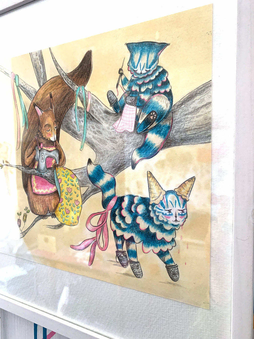 "Sewing Squirrel" - Original Illustration from 'The Cat and the Kokedama'