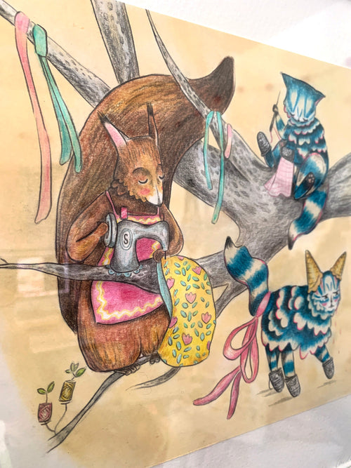 "Sewing Squirrel" - Original Illustration from 'The Cat and the Kokedama'