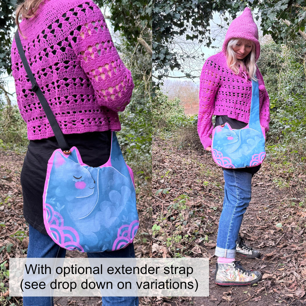 Cat Shoulder Bag - Organic cotton padded bag, optional cross body strap blue