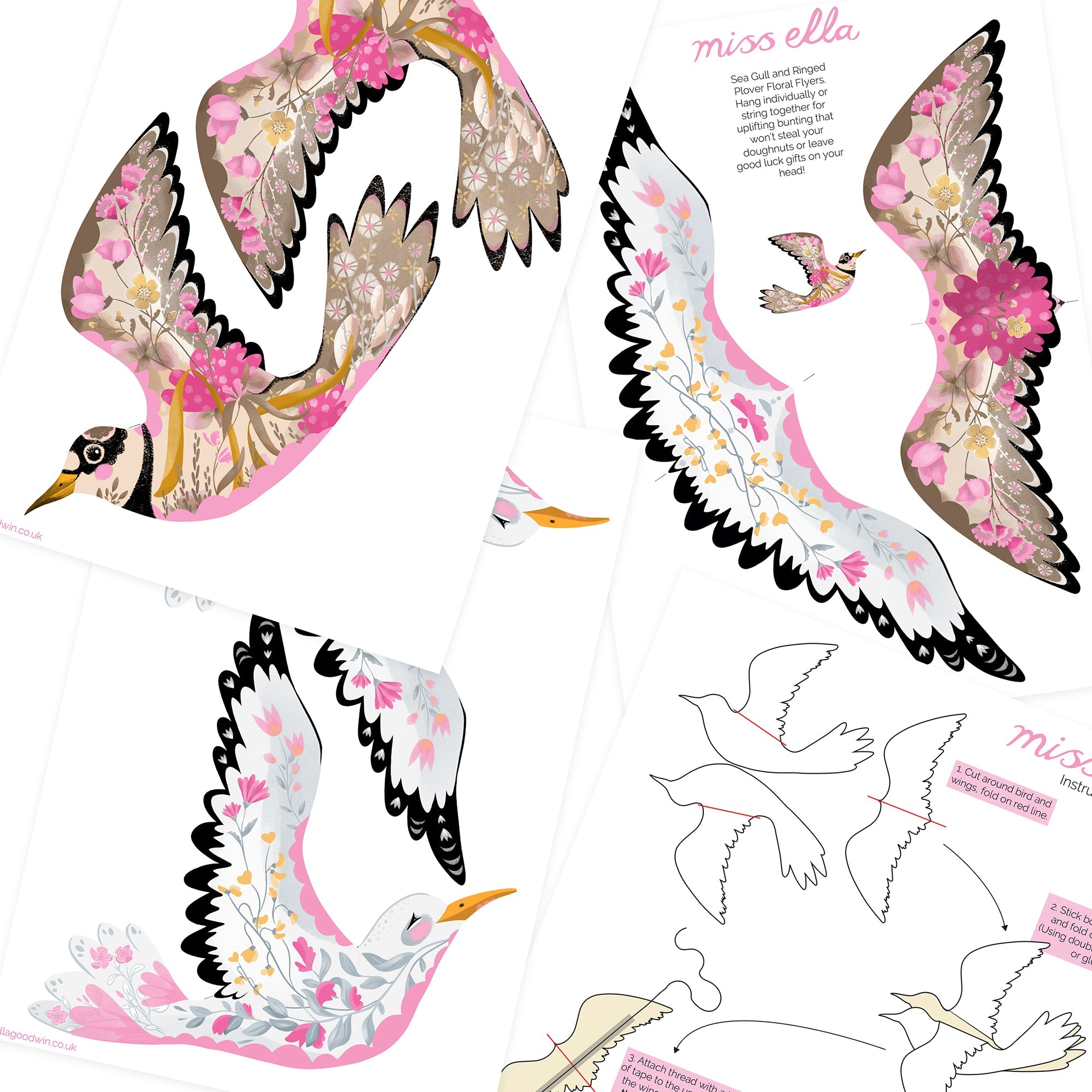 6 Bird Bunting DIY KIT - paper decorations - Floral Sea Gulls and Ringed Plover
