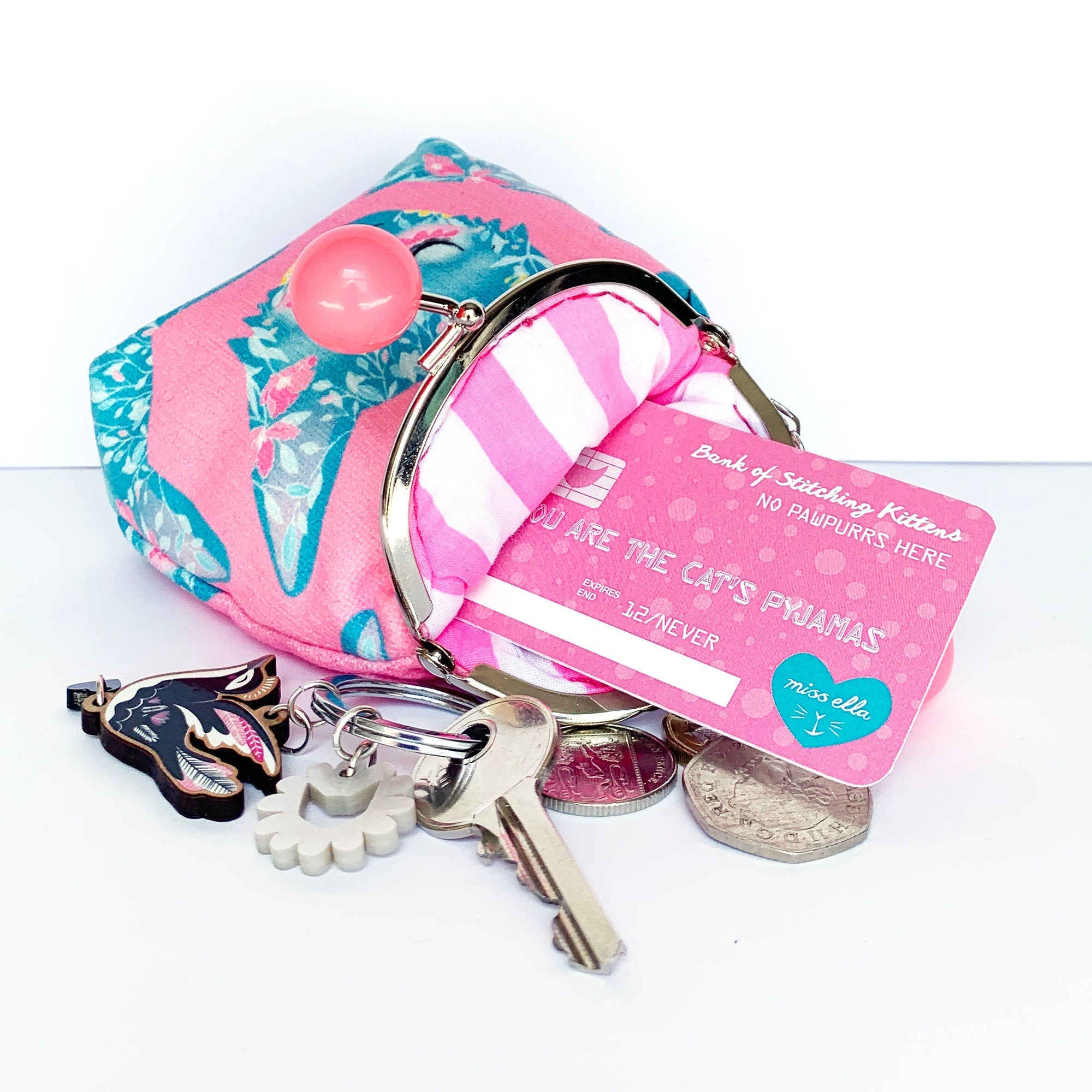 DIY KIT - Pink Foral Cat Bobble Purse