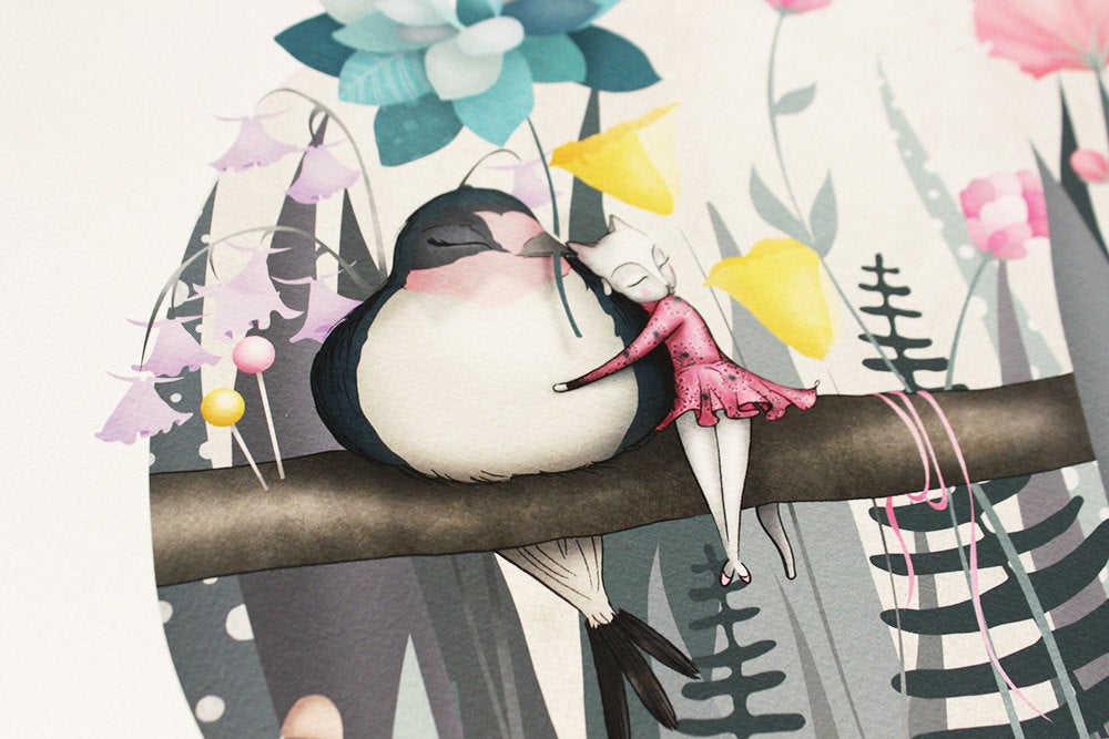 Thumbelina Cat and Swallow Print
