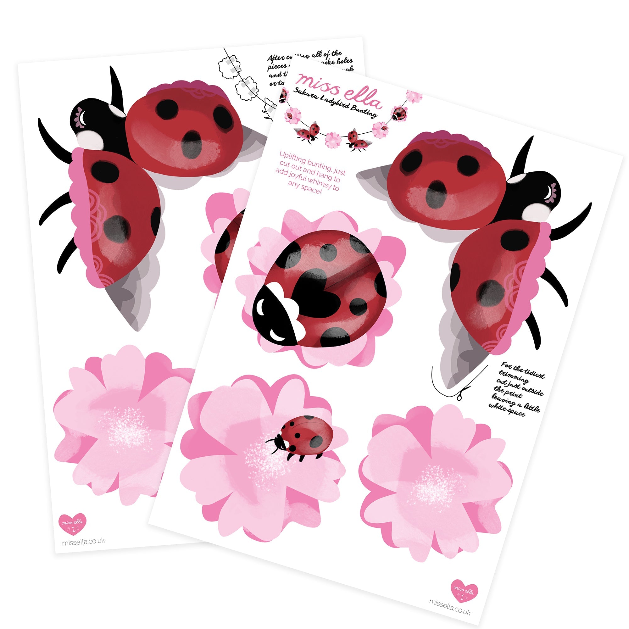 Ladybird Bunting - Card Ladybugs and Pink Sakura Flowers END OF LINE SALE