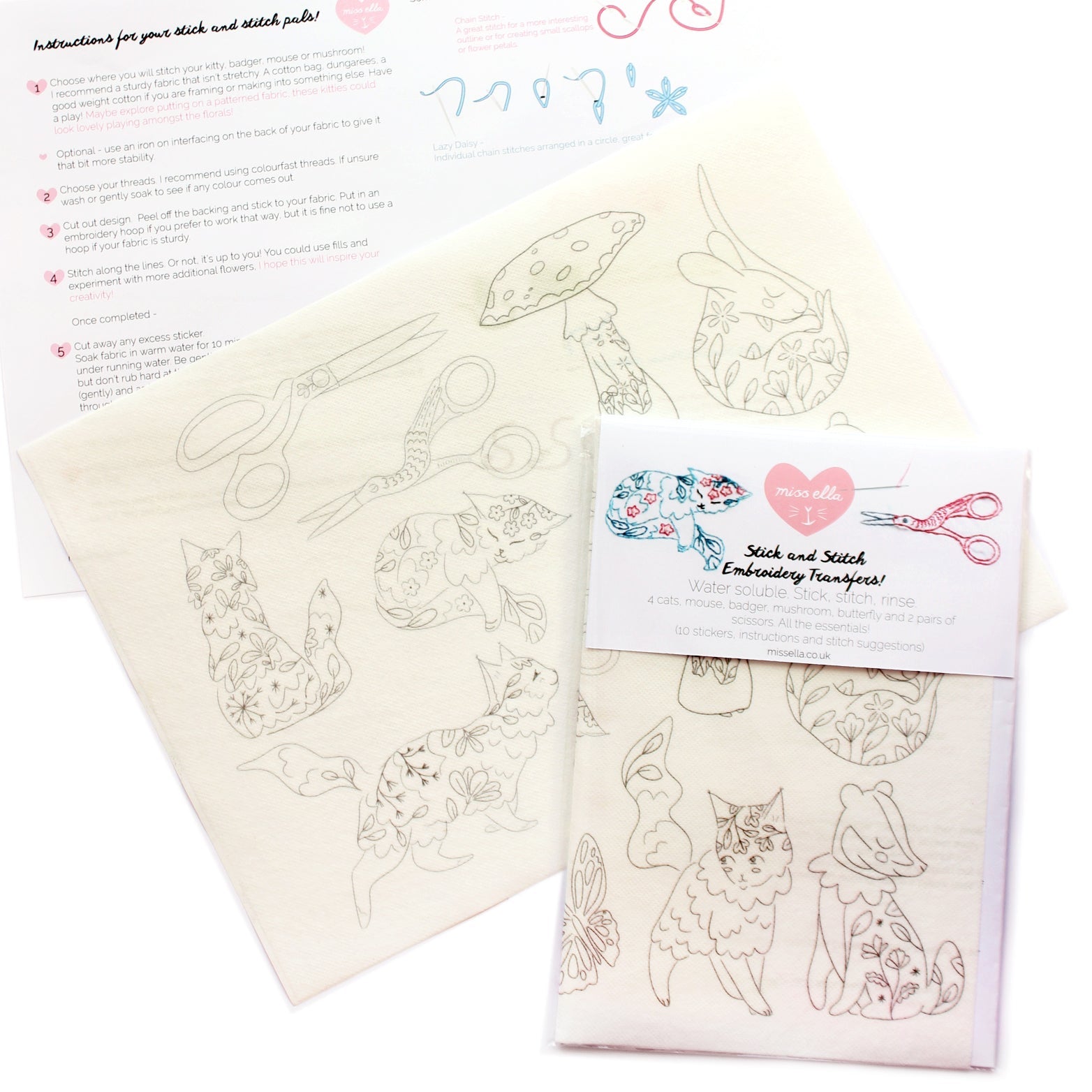 Stick and stitch embroidery patterns - cats, mushroom, scissors, mouse and badger! 10 designs