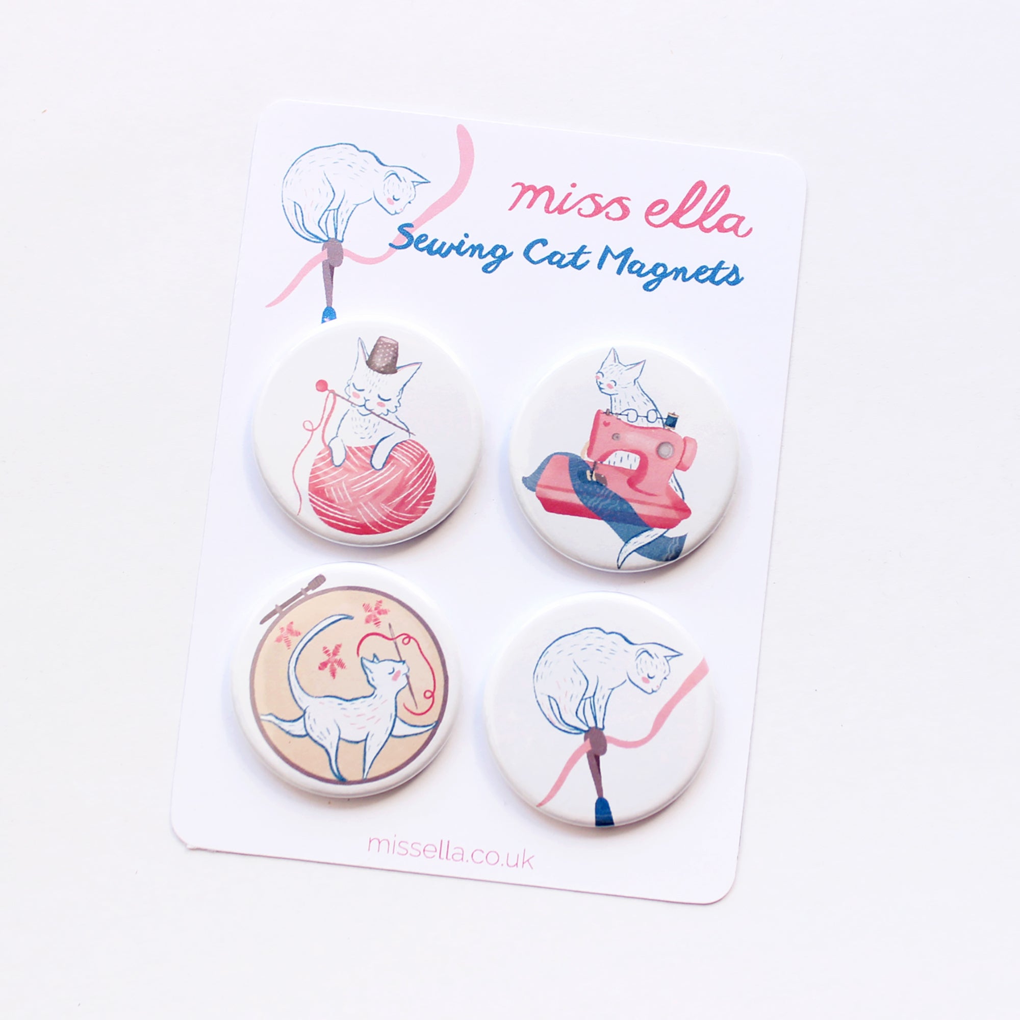 Sewing Cat Pin badges -  Fridge magnets x 4