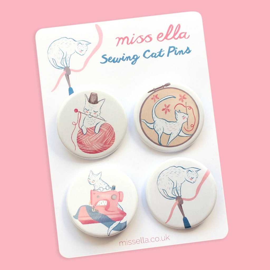Sewing Cat Pin badges -  Fridge magnets x 4