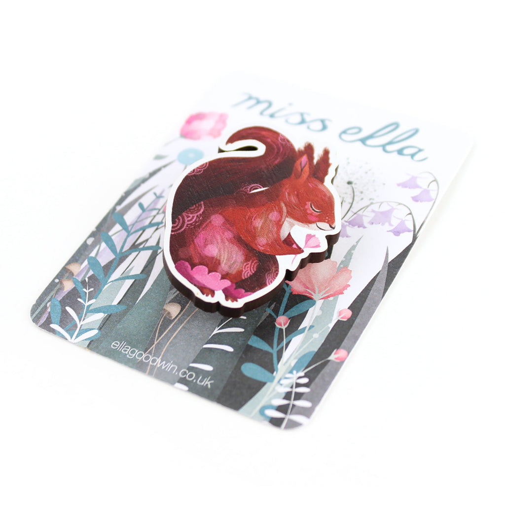 Red Squirrel Brooch - wooden pin