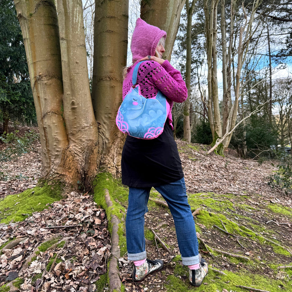 SOLD OUT * DIY KIT - Cat Shoulder Bag - Organic cotton padded bag, optional cross body strap blue